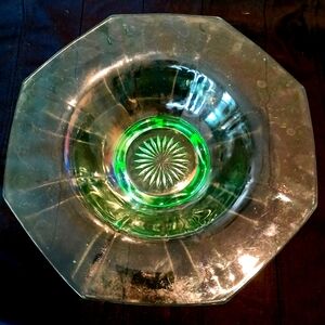Vaseline Green Glass Footed Centerpiece Bowl